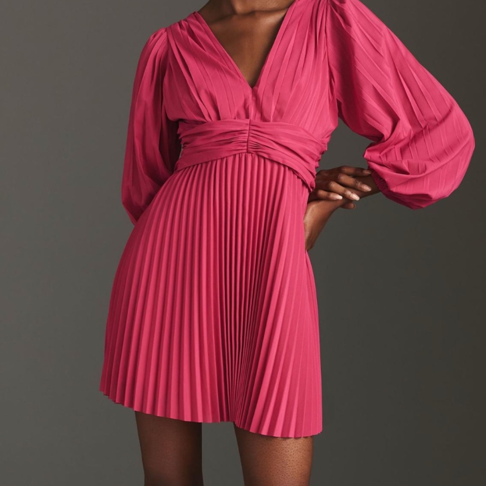 Aureta Pleated Long-Sleeve V-Neck Dress- Anthropologie